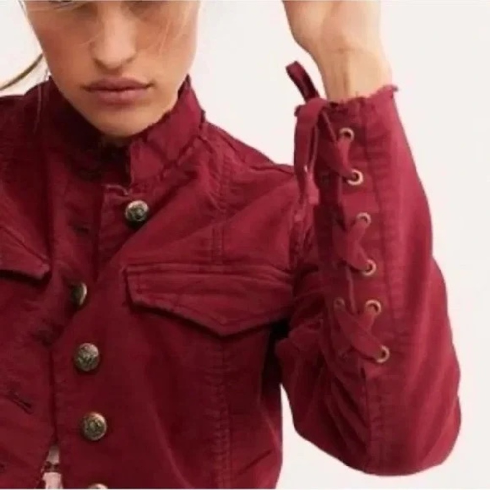 FREE PEOPLE Ella’s sergeant red wine military jacket XS NWOT lace up sleeves